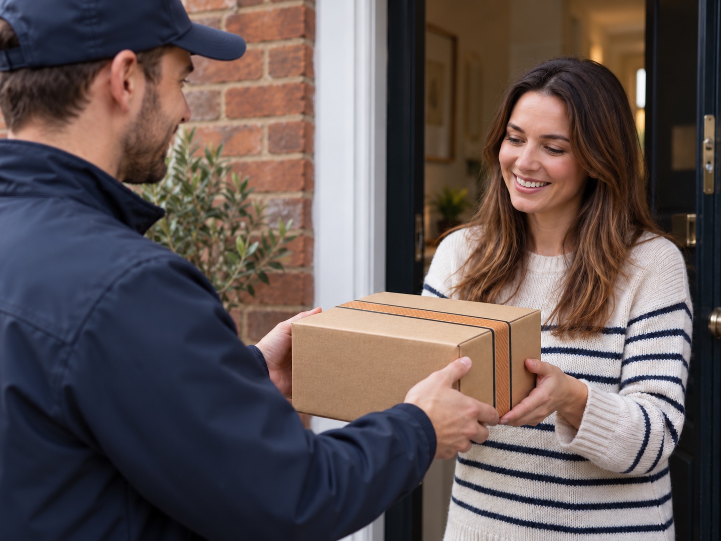 Courier handing a sealed parcel to a smiling woman at her doorway