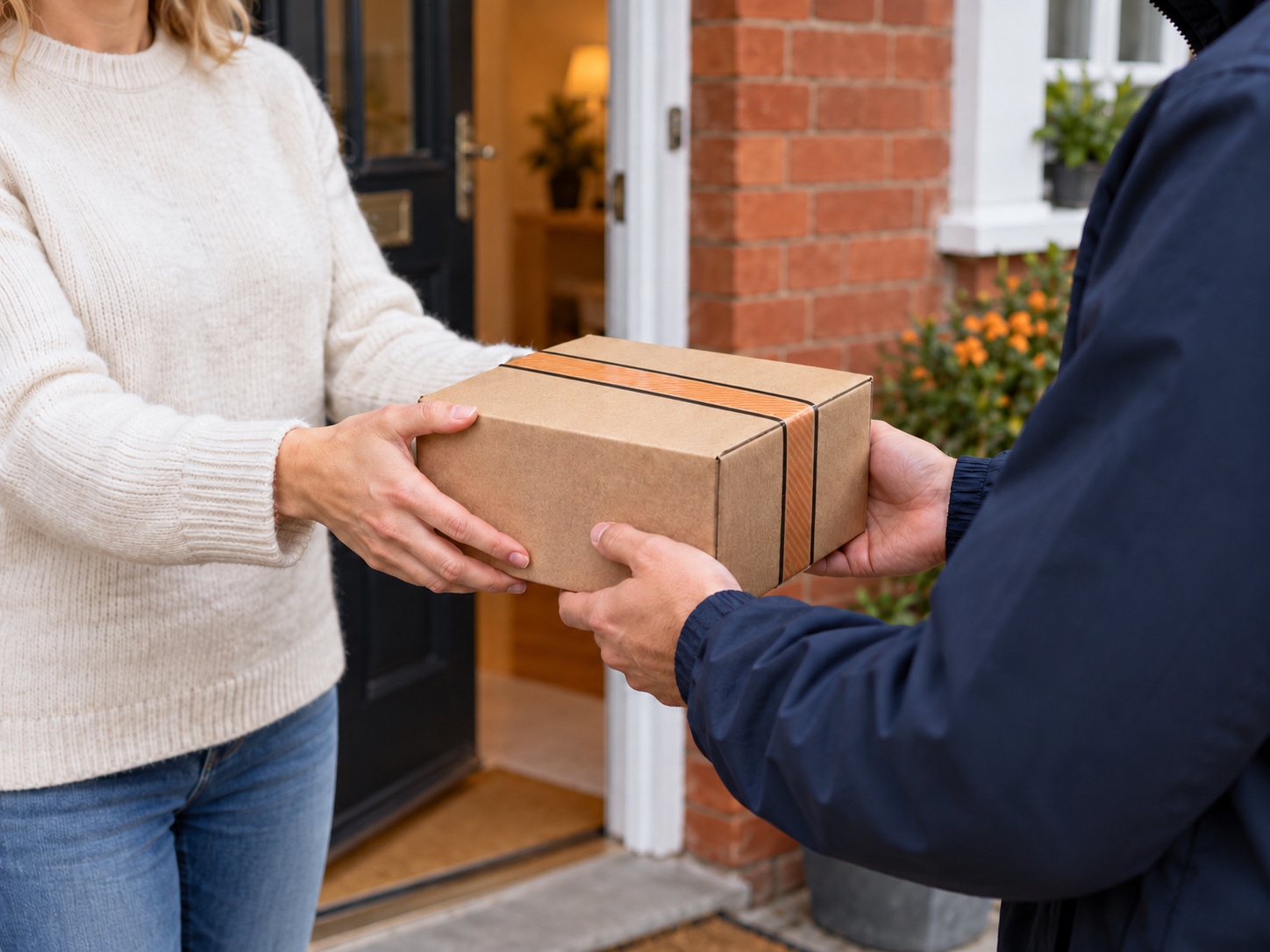 Close-up of a customer and courier handing over a sealed parcel at a doorway